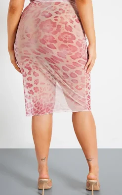 PrettyLittleThing Plus Animal Print Mesh Midi Skirt Pink