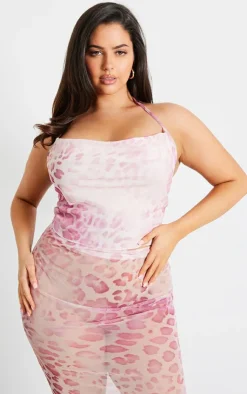 PrettyLittleThing Plus Animal Print Mesh Midi Skirt Pink