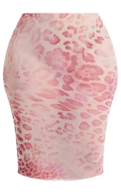 PrettyLittleThing Plus Animal Print Mesh Midi Skirt Pink