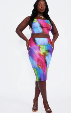 Clearance PrettyLittleThing Plus Blurred Print Plisse Maxi Skirt Pink