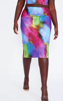 Clearance PrettyLittleThing Plus Blurred Print Plisse Maxi Skirt Pink