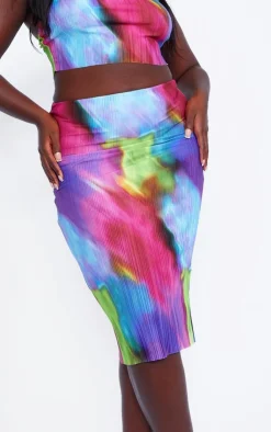 Clearance PrettyLittleThing Plus Blurred Print Plisse Maxi Skirt Pink