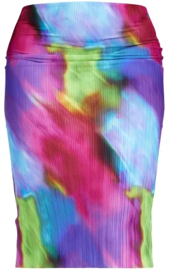 Clearance PrettyLittleThing Plus Blurred Print Plisse Maxi Skirt Pink