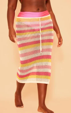 Plus Pink Crochet Stripe Tie Front Maxi Skirt