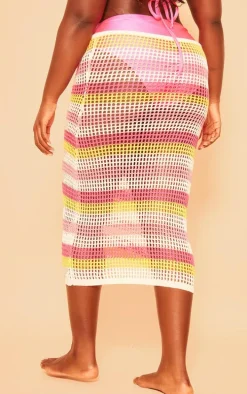Plus Pink Crochet Stripe Tie Front Maxi Skirt