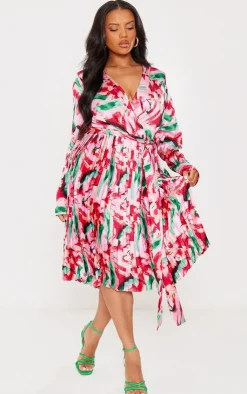 Plus Floral Print Long Sleeve Pleated Midi Dress-PrettyLittleThing