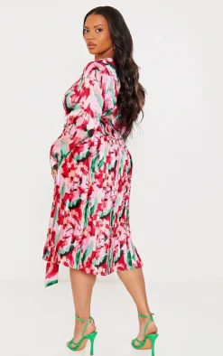 Plus Floral Print Long Sleeve Pleated Midi Dress-PrettyLittleThing