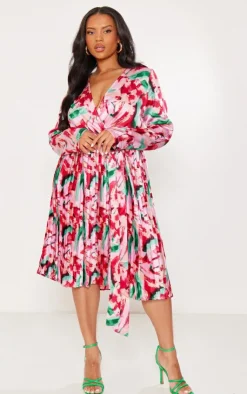 Plus Floral Print Long Sleeve Pleated Midi Dress-PrettyLittleThing