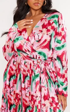 Plus Floral Print Long Sleeve Pleated Midi Dress-PrettyLittleThing