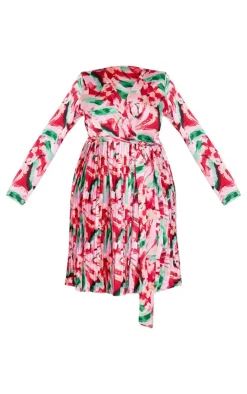 Plus Floral Print Long Sleeve Pleated Midi Dress-PrettyLittleThing