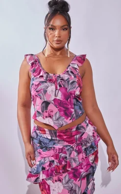 New PrettyLittleThing Plus Floral Printed Ruffle Scoop Neck Top Pink