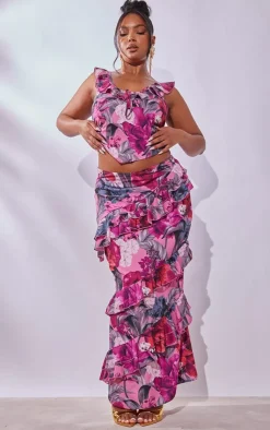 New PrettyLittleThing Plus Floral Printed Ruffle Scoop Neck Top Pink