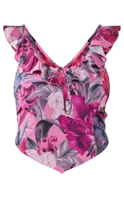 New PrettyLittleThing Plus Floral Printed Ruffle Scoop Neck Top Pink