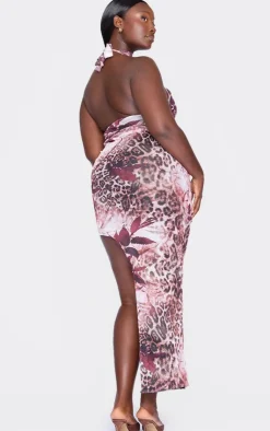 Plus Mesh Floral Print Halteneck Ruched Midi Dress-PrettyLittleThing Clearance