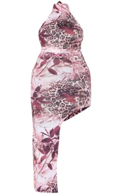 Plus Mesh Floral Print Halteneck Ruched Midi Dress-PrettyLittleThing Clearance
