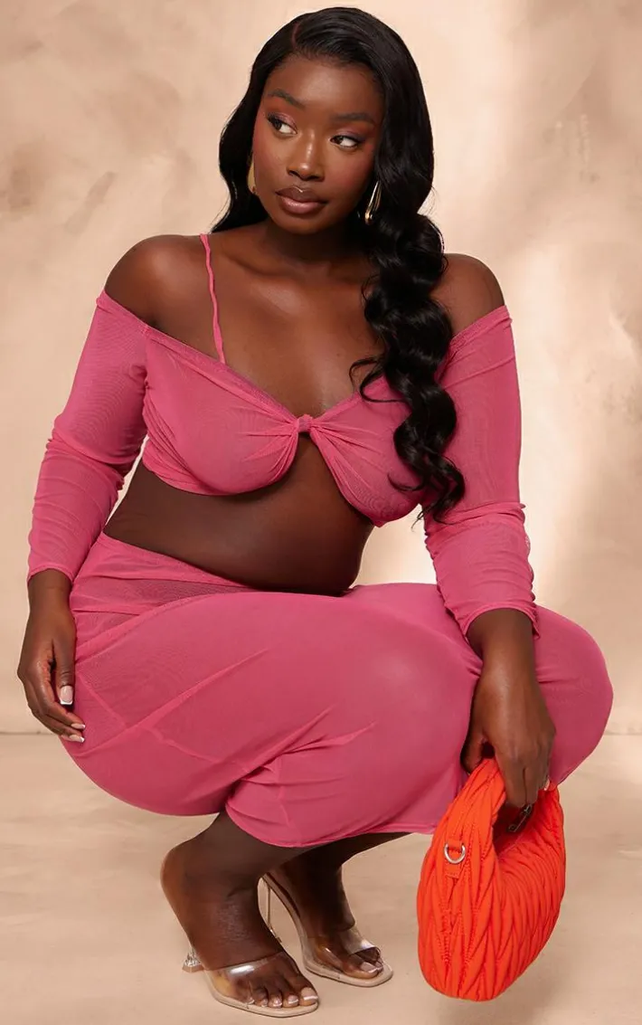 Plus Pink Mesh Knot Front Long Sleeve Beach Top