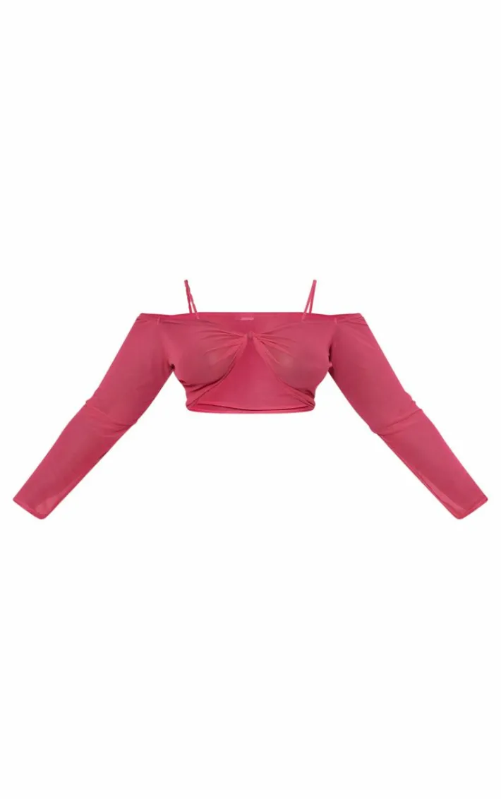 Plus Pink Mesh Knot Front Long Sleeve Beach Top