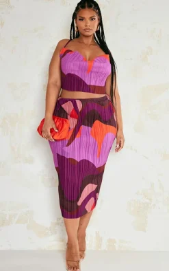 Online PrettyLittleThing Plus Print Plisse Midi Skirt Pink