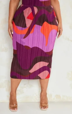 Online PrettyLittleThing Plus Print Plisse Midi Skirt Pink