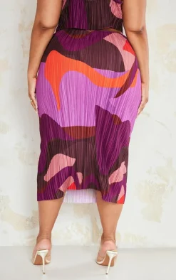 Online PrettyLittleThing Plus Print Plisse Midi Skirt Pink