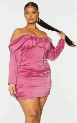 Plus Satin Drape Bardot Sleeve Ruched Back Bodycon Dress-PrettyLittleThing Clearance