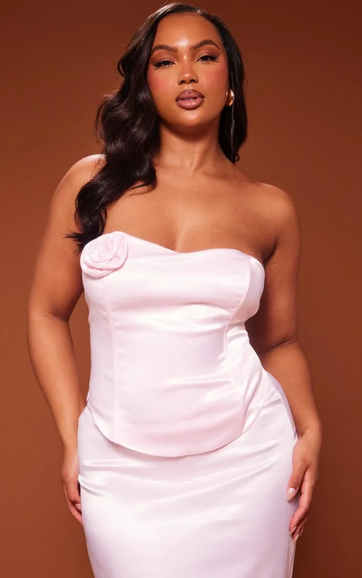 Sale PrettyLittleThing Plus Satin Flower Corset Pink