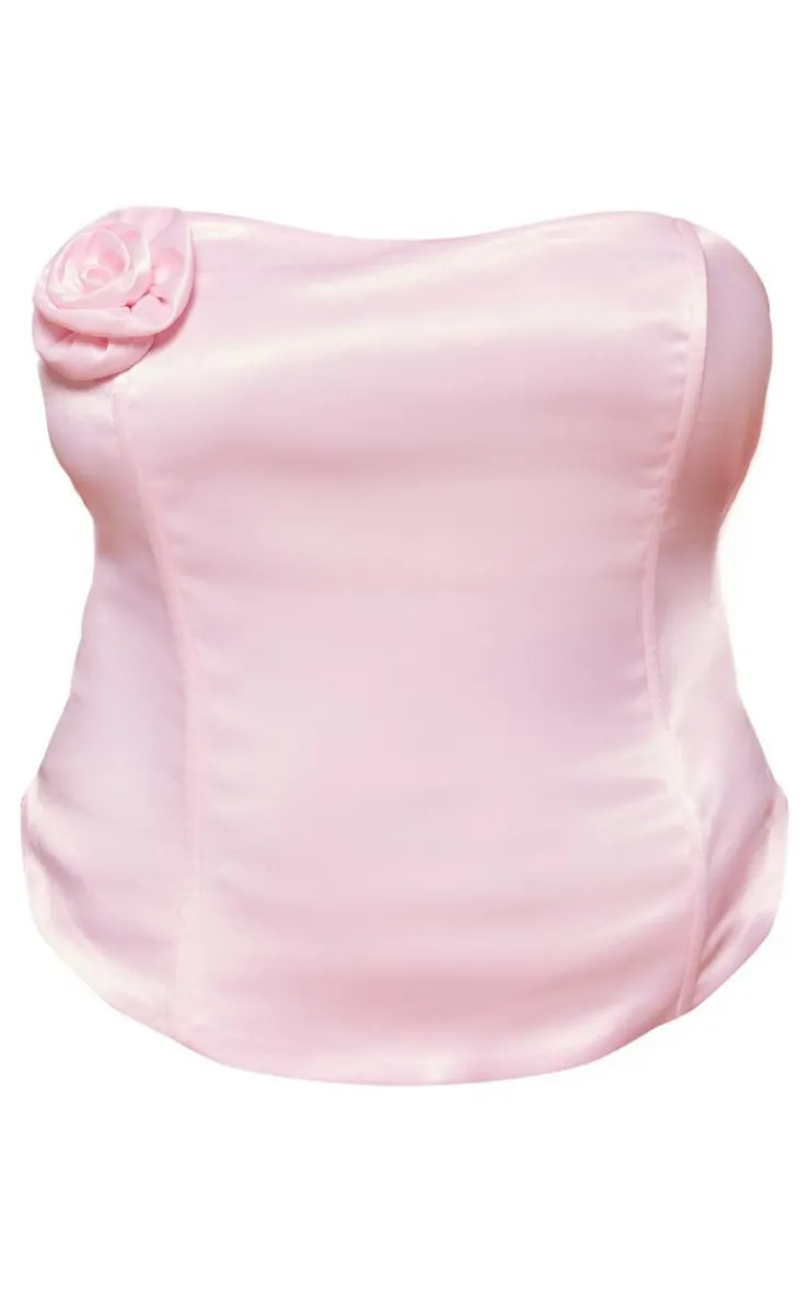 Sale PrettyLittleThing Plus Satin Flower Corset Pink