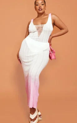 Plus Pink Sheer Ombre Ladder Knit Detail Maxi Dress