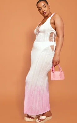 Plus Pink Sheer Ombre Ladder Knit Detail Maxi Dress