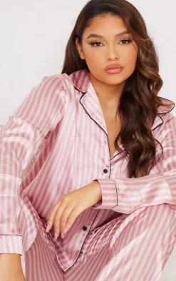 PrettyLittleThing Christmas Gifts*PLUS Pink Stripe Print Satin Long PJ Set
