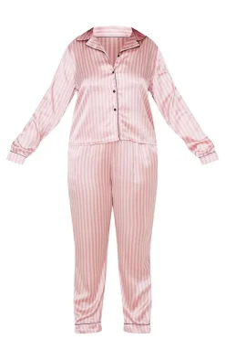 PrettyLittleThing Christmas Gifts*PLUS Pink Stripe Print Satin Long PJ Set