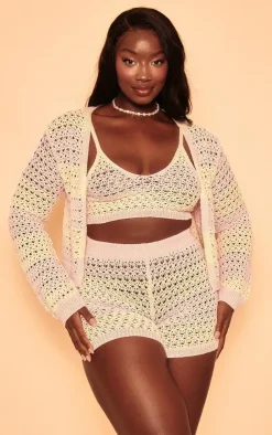Clearance PrettyLittleThing Plus Striped Crochet Cropped Cardigan Pink