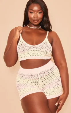 PrettyLittleThing Knitted Tops*Plus Striped Crochet Knit V Neck Crop Top