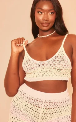 PrettyLittleThing Knitted Tops*Plus Striped Crochet Knit V Neck Crop Top