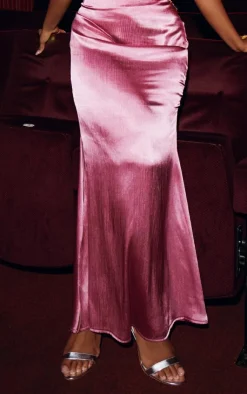 Hot PrettyLittleThing Plus Textured Satin Maxi Skirt Pink