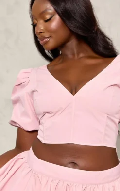 Hot PrettyLittleThing Plus V Neck Puff Sleeve Crop Top Pink