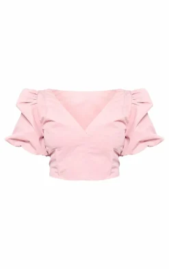 Hot PrettyLittleThing Plus V Neck Puff Sleeve Crop Top Pink