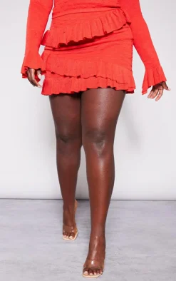 Outlet PrettyLittleThing Plus Bubble Knit Frill Detail Mini Skirt Red