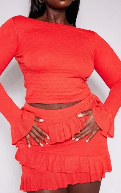 Outlet PrettyLittleThing Plus Bubble Knit Frill Detail Mini Skirt Red