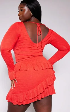 Hot PrettyLittleThing Plus Bubble Knit Open Back Long Sleeve Top Red