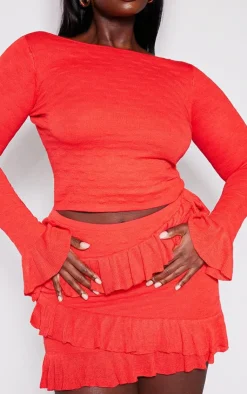 Hot PrettyLittleThing Plus Bubble Knit Open Back Long Sleeve Top Red