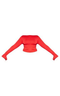 Hot PrettyLittleThing Plus Bubble Knit Open Back Long Sleeve Top Red