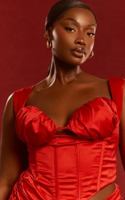 Hot PrettyLittleThing Plus Constructed Satin Ruched Bust Corset Red