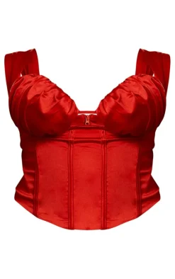 Hot PrettyLittleThing Plus Constructed Satin Ruched Bust Corset Red