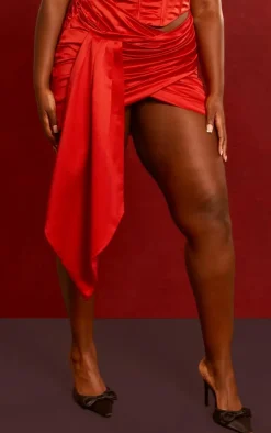 Clearance PrettyLittleThing Plus Constructed Satin Ruched Drape Bodycon Skirt Red