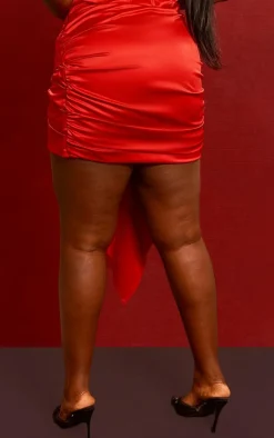 Clearance PrettyLittleThing Plus Constructed Satin Ruched Drape Bodycon Skirt Red