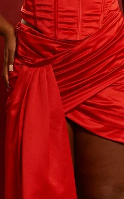 Clearance PrettyLittleThing Plus Constructed Satin Ruched Drape Bodycon Skirt Red