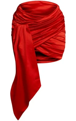 Clearance PrettyLittleThing Plus Constructed Satin Ruched Drape Bodycon Skirt Red