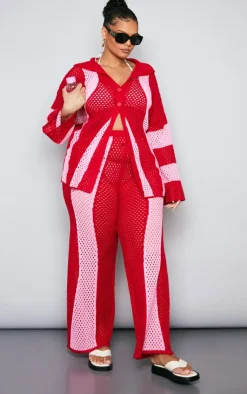 Hot PrettyLittleThing Plus Contrast Stripe Knitted Pants Red