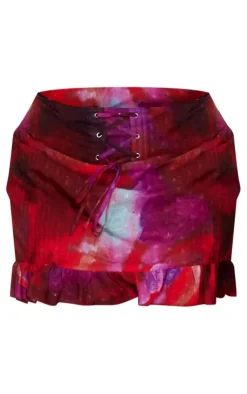 Hot PrettyLittleThing Plus Floral Lace Up Ruffle Hem Skirt Red